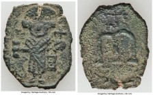Leontius (AD 695-698). AE follis or 40 nummi (22mm, 3.11 gm, 6h). VF. Syracuse. Leontius standing facing, wearing crown and loros, akakia in right han...