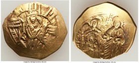 Michael VIII Palaeologus (AD 1261-1282). AV/EL hyperpyron (24mm, 4.13 gm, 7h). XF, graffiti. Constantinople. Half-length figure of the Virgin, orans, ...