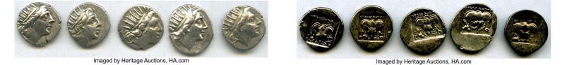 ANCIENT LOTS. Greek. Carian Islands. Rhodes. Ca. 88-84 BC. Lot of five (5) AR dr...