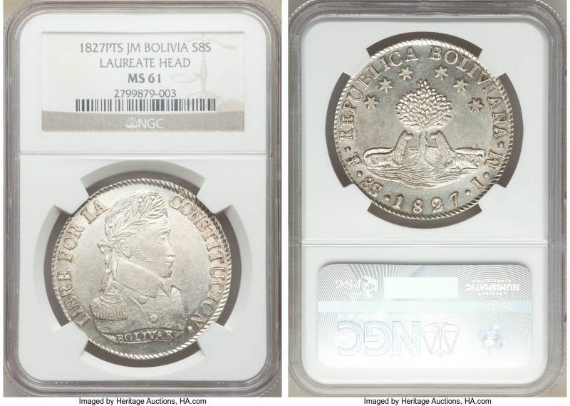 Republic 8 Soles 1827 PTS-JM MS61 NGC, Potosi mint, KM97. First year of type, bo...