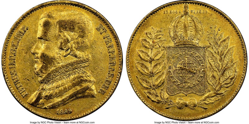 Pedro II gold 20000 Reis 1849 XF40 NGC, Rio de Janeiro mint, KM461. Mintage: 6,4...