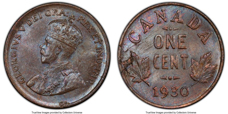 George V Cent 1930 MS64 Brown PCGS, Ottawa mint, KM28. Florescent blue draped ch...