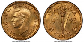 George VI tombac 5 Cents 1943 MS64 PCGS, Royal Canadian mint, KM40. Tombac Issue. Lustrous and a rose colored toning. From the George Hans Cook Collec...