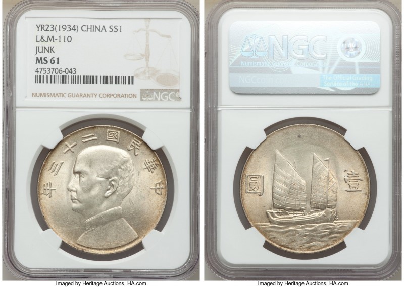 Republic Sun Yat-sen "Junk" Dollar Year 23 (1934) MS61 NGC, KM-Y345, L&M-110. Ba...