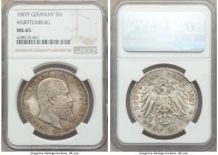 Württemberg. Wilhelm II 5 Mark 1907-F MS65 NGC, Stuttgart mint, KM632. Cartwheel luster shielded slightly by olive-taupe and golden toning. 

HID098...