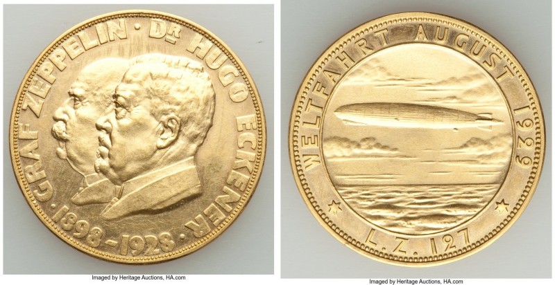 Weimar Republic gold "Zeppelin World Flight" Medal 1929-Dated AU, Kaiser-510.2. ...