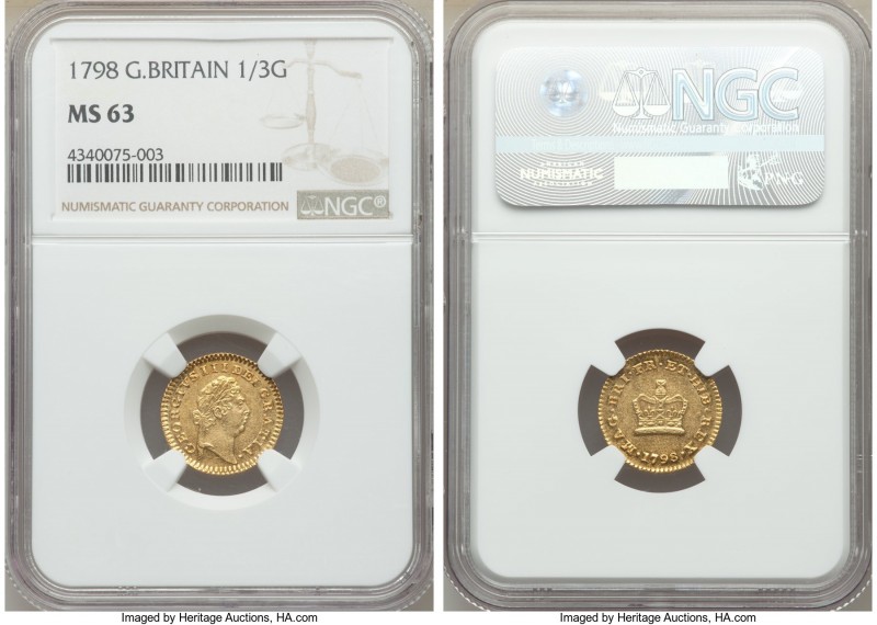 George III gold 1/3 Guinea 1798 MS63 NGC, KM620. Exceptional strike with highly ...