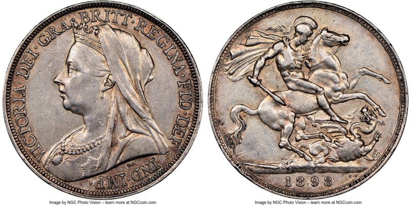 Victoria Crown 1898-LXI AU53 NGC, KM783. Dove gray toning draped in light golden...