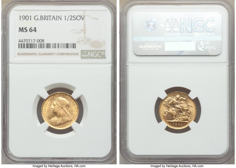 Victoria gold 1/2 Sovereign 1901 MS64 NGC, KM784, S-3878. Last year for type, br...