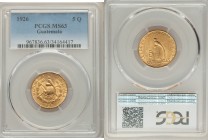 Republic gold 5 Quetzales 1926-(P) MS63 PCGS, Philadelphia mint, KM244. Popular one year type. 

HID09801242017

© 2020 Heritage Auctions | All Ri...