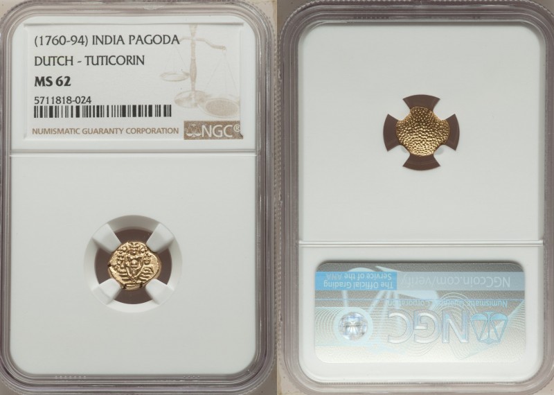Dutch Colony gold Pagoda ND (1760-1794) MS62 NGC, Tuticorin mint, KM49. 

HID0...