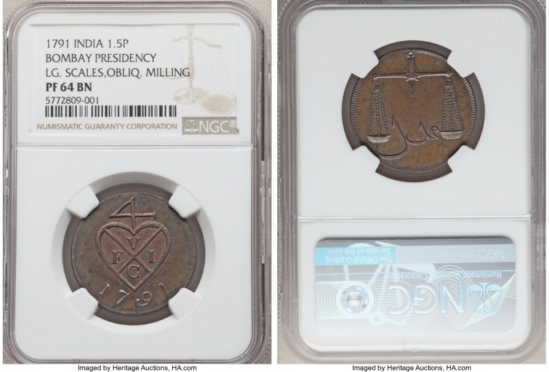 British India. Bombay Presidency Proof 1-1/2 Pice 1791 PR64 Brown NGC, Bombay mi...