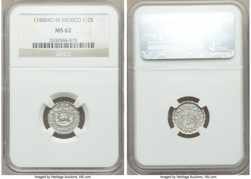 Ferdinand VI 1/2 Real 1748 Mo-M MS62 NGC, Mexico City mint, KM67.1. Frosted whit...