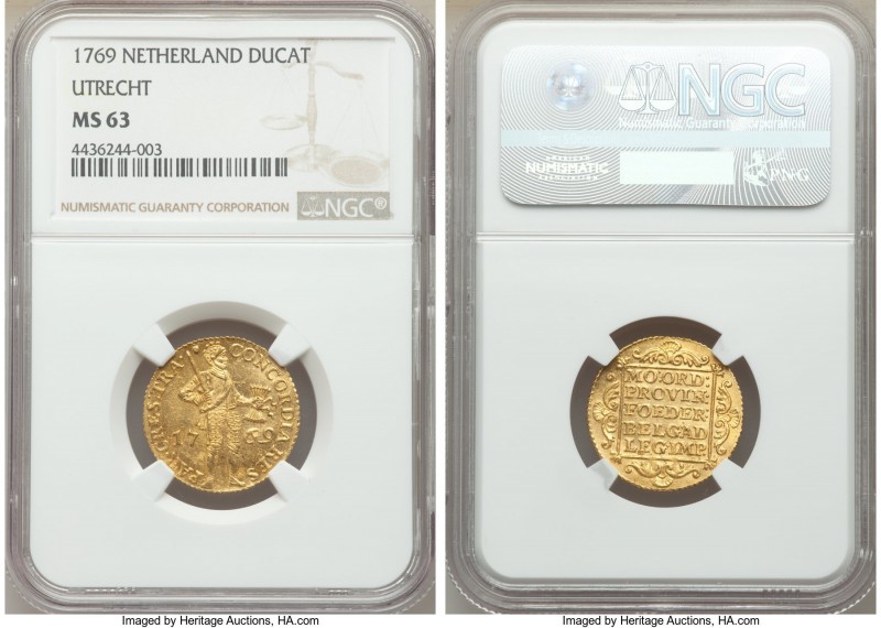 Utrecht. Provincial gold Ducat 1769 MS63 NGC, KM7.4. Evenly struck with full leg...