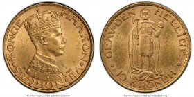 Haakon VII gold 10 Kroner 1910 MS63+ PCGS, Kongsberg mint, KM375. One year type. 

HID09801242017

© 2020 Heritage Auctions | All Rights Reserved