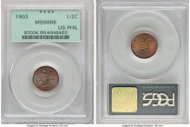 USA Administration 1/2 Centavo 1903 MS66 Red and Brown PCGS, KM162. Beautiful color with brilliant orange red peripheral next to gold and blue surface...