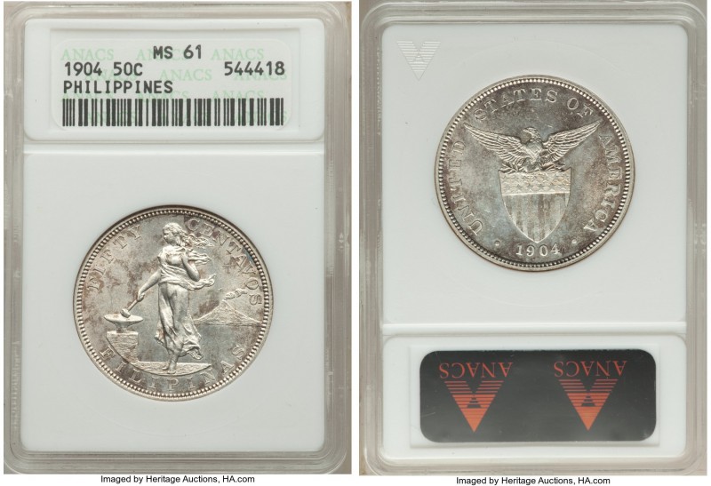 USA Administration Pair of Certified 50 Centavos 1904 ANACS, 1) 50 Centavos - MS...
