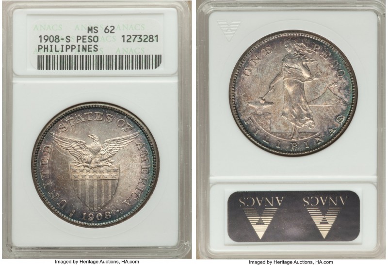 USA Administration Peso 1908-S MS62 ANACS, San Francisco mint, KM172. Turquoise ...