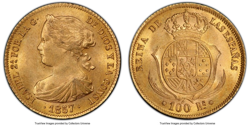 Isabel II gold 100 Reales 1857 MS64 PCGS, Barcelona mint, KM605.1. Honey-gold sa...