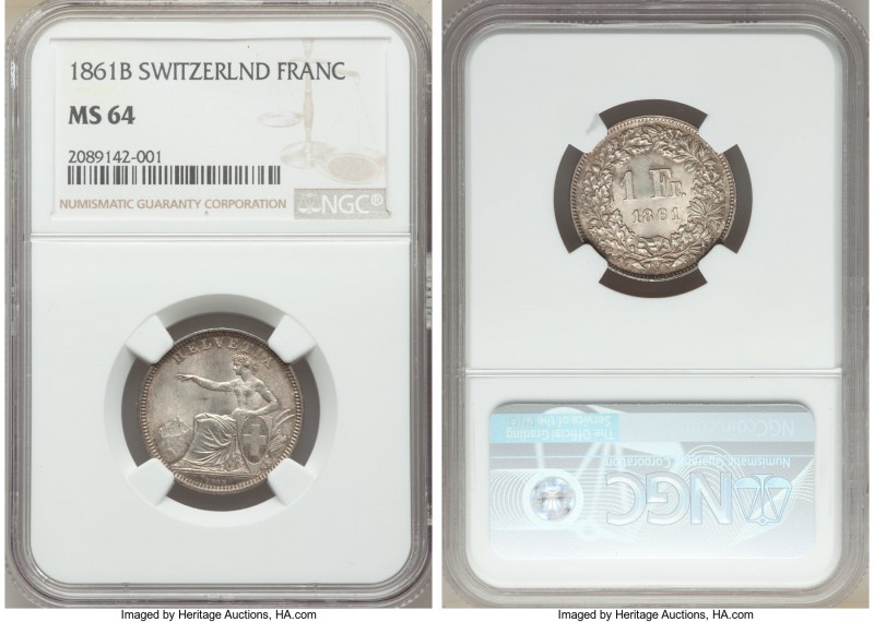Confederation Franc 1861-B MS64 NGC, Bern mint, KM9a. Satin surface with taupe-g...