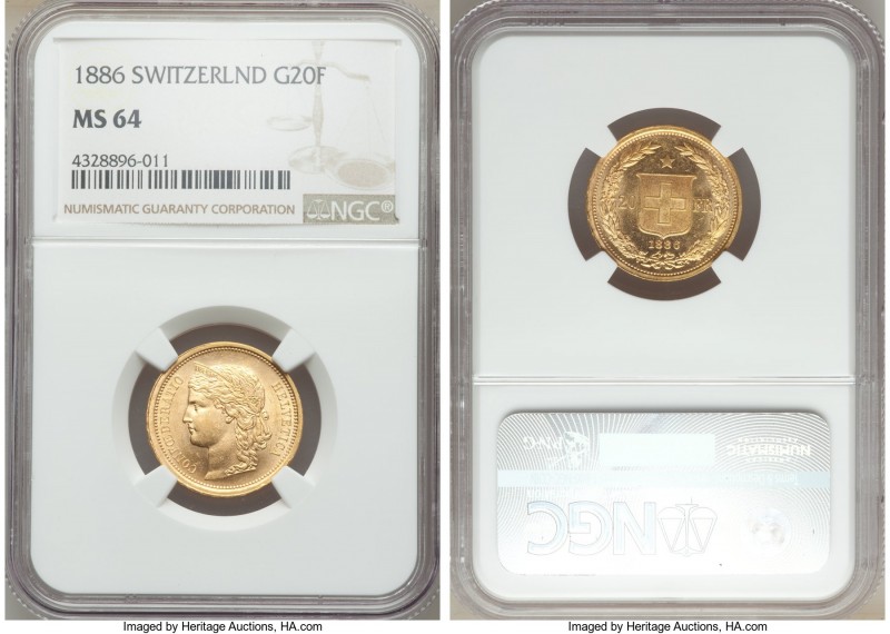 Confederation gold 20 Francs 1886 MS64 NGC, Bern mint, KM31.3. Superior strike w...