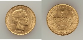 Republic gold 5 Pesos 1930-(a) UNC, Paris mint, KM27. 22.1mm. 8.48gm. Only 14,415 were released and remainder withheld. AGW 0.2501 oz. 

HID09801242...