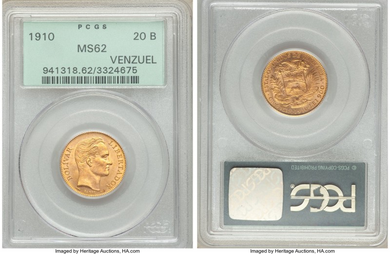 Republic gold 20 Bolivares 1910 MS62 PCGS, KM-Y32. Bright sunset golden-orange c...