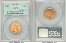 Republic gold 20 Bolivares 1910 MS62 PCGS, KM-Y32. Bright sunset golden-orange color that is conservatively graded. AGW 0.1867 oz. 

HID09801242017...