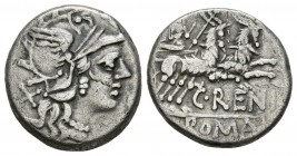 GENS RENIA. (Ar. 3,69g/16mm). 138 a.C. Roma. (Crawford 231/1; FFC 1088). MBC. Porosidades causadas por la limpieza.