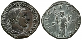 GORDIANO III. Sestercio. (Ae. 18,50g/28mm). 244 d.C. Roma. (RIC 328a). EBC-. Limpiada. Rara así.