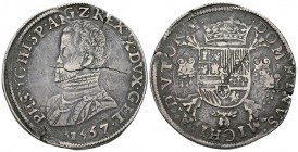 FELIPE II (1556-1598). 1 Escudo. (Ar. 33,52g/43mm). 1557. Nimega, Ducado de Gueldres. (Vti. 1177). MBC. Grietas en cospel.