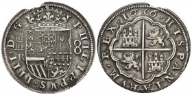 FELIPE IV (1621-1665). 8 Reales. (Ar. 26,20g/40mm). 1636. Segovia R. (Cal-2019-1611). Variante: PHILIPPAVS. MBC+. Rotura de cospel.