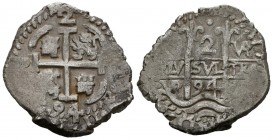 CARLOS II (1665-1700). 2 Reales (Ar. 6,26g/25mm). 1694. Potosí VR. (Cal-2019-427). Doble fecha. MBC+.