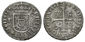 FELIPE V (1700-1746). 1/2 Real (Ar. 1,35g/14,5mm). 1738. Sevilla (Cal-2019-345). MBC+. Oxidaciones limpiadas.