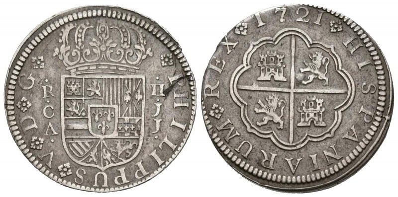 FELIPE V (1700-1746). 2 Reales. (Ar. 4,92g/27mm). 1721. Cuenca JJ. (Cal-2019-671...