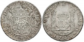 FELIPE V (1700-1746). 8 Reales. (Ar. 27,12g/38mm). 1743. México MF. (Cal-2019-1463). EBC-. Bonito ejemplar escaso en esta calidad.