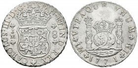 CARLOS III (1759-1788). 8 Reales. (Ar. 26,50g/39mm). 1771. Lima JM. (Cal-2019-1032). MBC+. Oxidaciones limpiadas. Escasa.