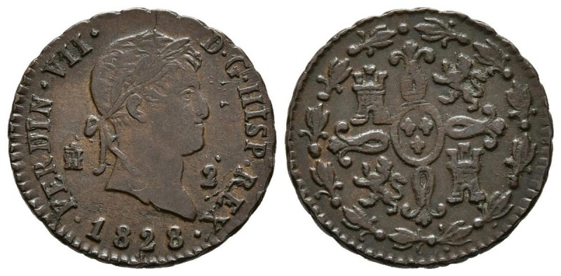 FERNANDO VII (1808-1833). 2 Maravedís. (Cu.2,42g/19mm). 1828. Segovia. (Cal-2019...