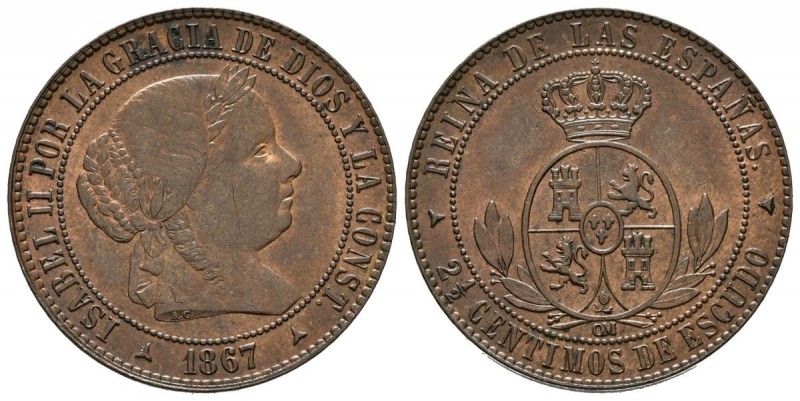 ISABEL II (1833-1868). 2 1/2 Céntimos de Escudo. (Cu. 6,34g/25mm). 1867. Segovia...