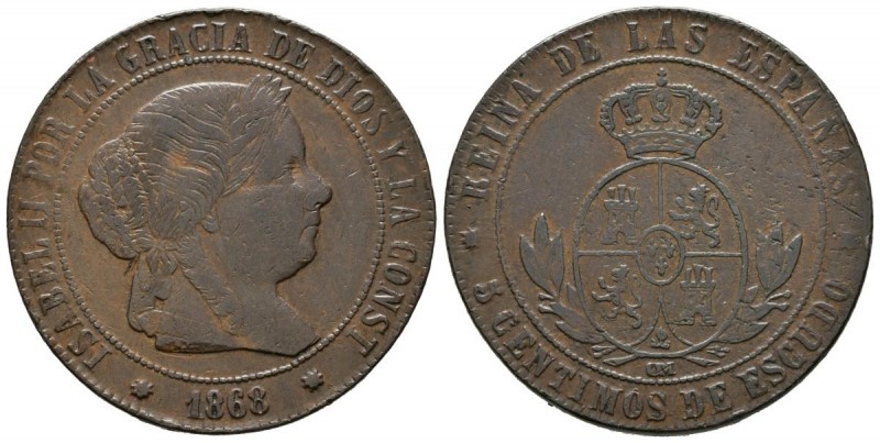 ISABEL II (1833-1868). 5 Céntimos de escudo. (Cu. 11,07g/32mm). 1868. Barcelona ...