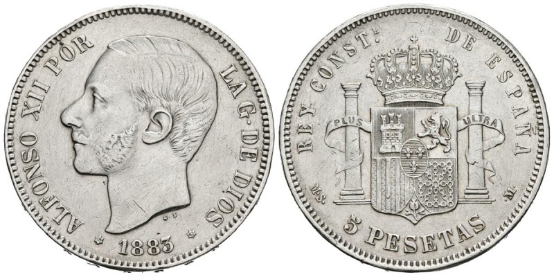 ALFONSO XII (1874-1885). 5 Pesetas. (Ar. 24,89g/37mm). 1883 *18-83. Madrid MSM. ...