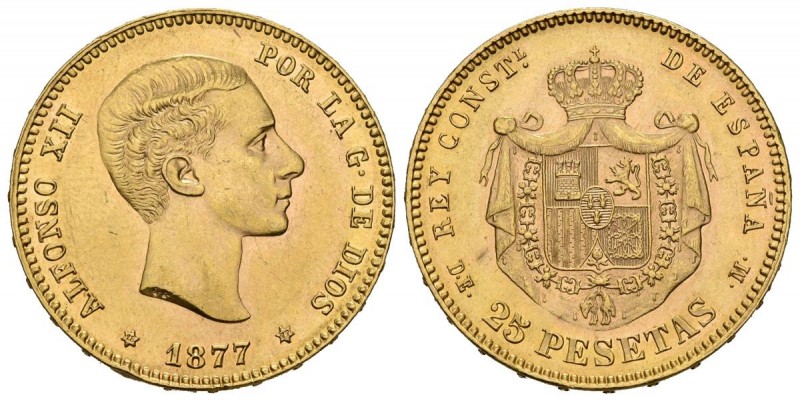 ALFONSO XII (1874-1885). 25 Pesetas. (Au. 8,06g/24mm). 1877 *18-77. Madrid DEM. ...