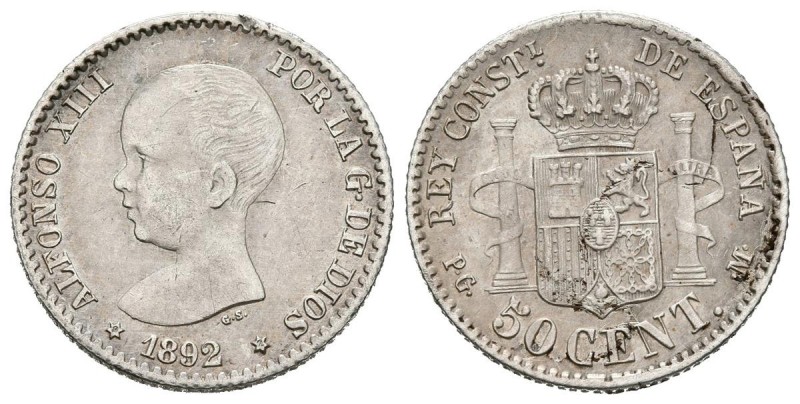 ALFONSO XIII (1885-1931). 50 Céntimos. (Ar. 2,53g/18mm). 1892 *92. Madrid PGM. (...