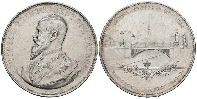 ALEMANIA. 2 Thalers. (Ar. 36,67g/33mm). 1891. Baviera. Inauguración del puente d...