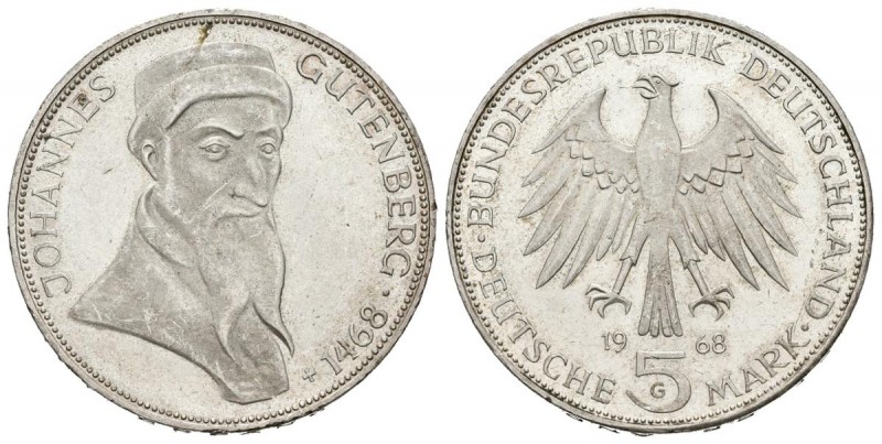 ALEMANIA. 5 Marcos (Ar. 11,32g/29mm). 1968. Karlsruhe. (Km#122). 500º Aniversari...