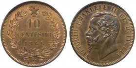 Vittorio Emanuele II - Vittorio Emanuele II (1861-1878) 10 Centesimi 1866 M - RAME ROSSO - Cu