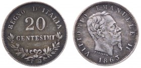 Vittorio Emanuele II - "Vittorio Emanuele II (1861-1878) 20 Centesimi ""Valore"" 1863 Torino - Ag"