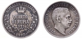 Somalia Italiana - Vittorio Emanuele III (1910-1925) 1/4 di Rupia 1910 - Ag - Montenegro 455 - RARA