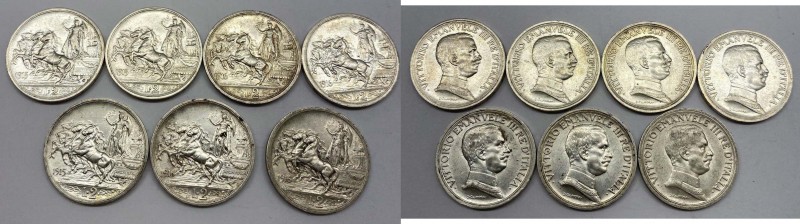 "Lotto n.7 monete: 3 Pz da 2 Lire ""Quadriga Briosa"" 1915 e 4 Pz. da 2 Lire ""Q...