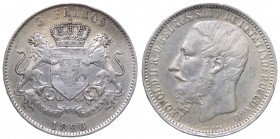 Belgio - Congo - Leopoldo II (1865-1909) 5 Franchi 1896 - Ag